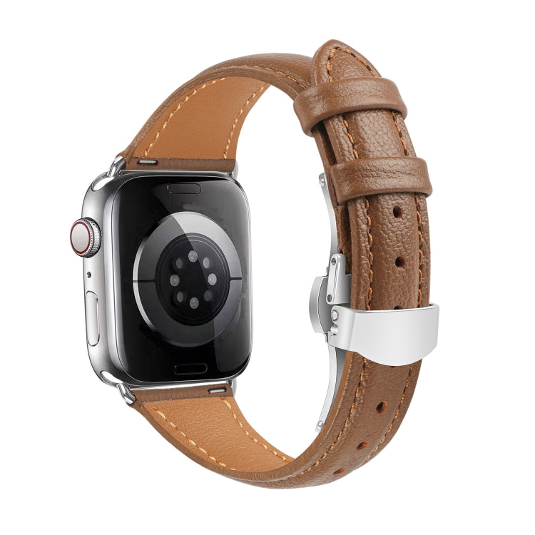 For Apple Watch SE 2022 44mm Plain Leather Butterfly Buckle Watch Band(Dark Brown+Silver) - free shipping - PMC TechLife - Order now!