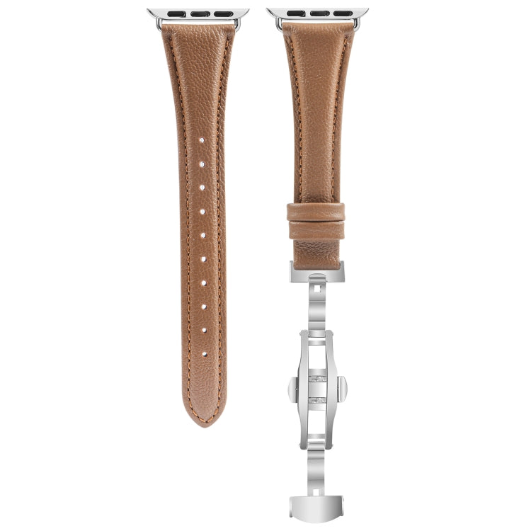 For Apple Watch SE 2022 44mm Plain Leather Butterfly Buckle Watch Band(Dark Brown+Silver) - free shipping - PMC TechLife - Order now!