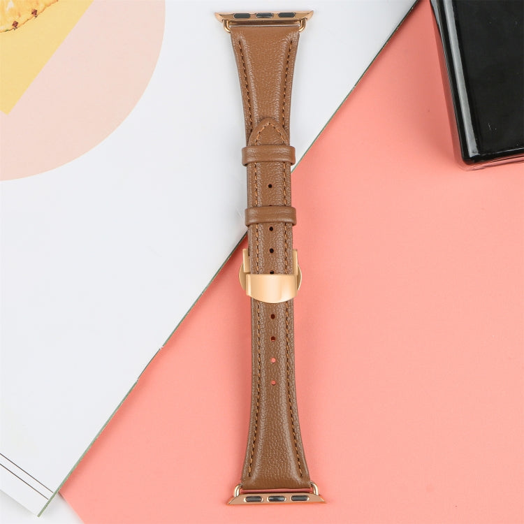 For Apple Watch SE 2022 44mm Plain Leather Butterfly Buckle Watch Band(Dark Brown+Rose Gold) - free shipping - PMC TechLife - Order now!