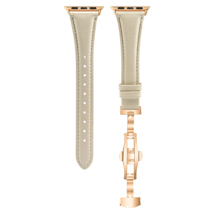 For Apple Watch SE 2022 44mm Plain Leather Butterfly Buckle Watch Band(Beige+Rose Gold) - free shipping - PMC TechLife - Order now!