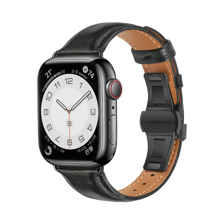 For Apple Watch Series 6 40mm Plain Leather Butterfly Buckle Watch Band(Black+Black) - Watch Bands by PMC TechLife | Online Shopping South Africa | PMC TechLife | Buy Now Pay Later Mobicred