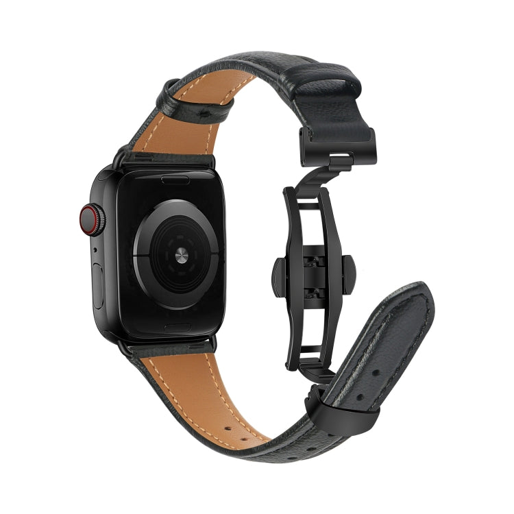 For Apple Watch Series 6 40mm Plain Leather Butterfly Buckle Watch Band(Black+Black) - Watch Bands by PMC TechLife | Online Shopping South Africa | PMC TechLife | Buy Now Pay Later Mobicred