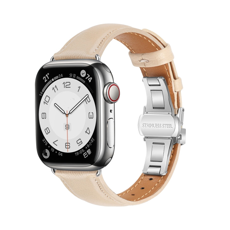 For Apple Watch Series 5 44mm Plain Leather Butterfly Buckle Watch Band(Apricot+Silver) - free shipping - PMC TechLife - Order now!