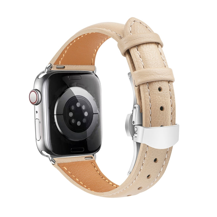 For Apple Watch Series 5 44mm Plain Leather Butterfly Buckle Watch Band(Apricot+Silver) - free shipping - PMC TechLife - Order now!