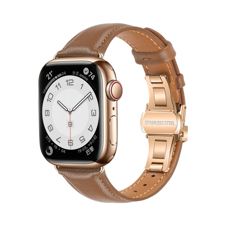 For Apple Watch Series 5 44mm Plain Leather Butterfly Buckle Watch Band(Dark Brown+Rose Gold) - free shipping - PMC TechLife - Order now!