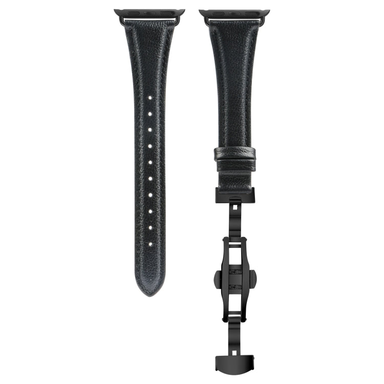 For Apple Watch Series 5 44mm Plain Leather Butterfly Buckle Watch Band(Black+Black) - Watch Bands by PMC TechLife | Online Shopping South Africa | PMC TechLife | Buy Now Pay Later Mobicred