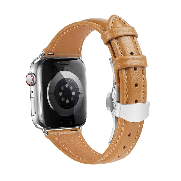For Apple Watch Series 3 42mm Plain Leather Butterfly Buckle Watch Band(Brown+Silver) - free shipping - PMC TechLife - Order now!