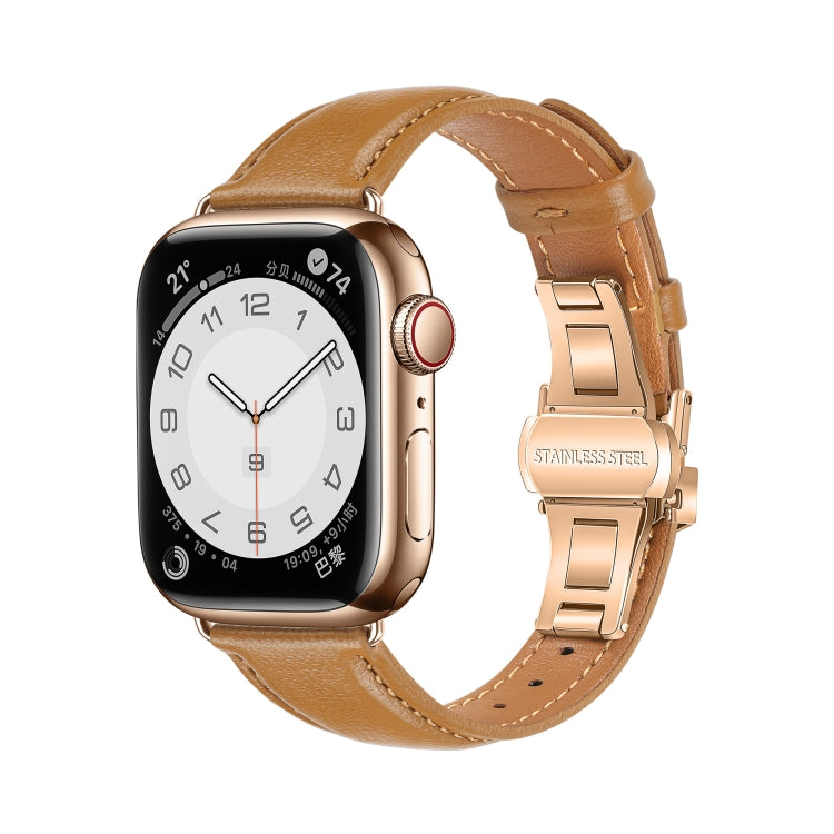 For Apple Watch Series 3 42mm Plain Leather Butterfly Buckle Watch Band(Brown+Rose Gold) - free shipping - PMC TechLife - Order now!