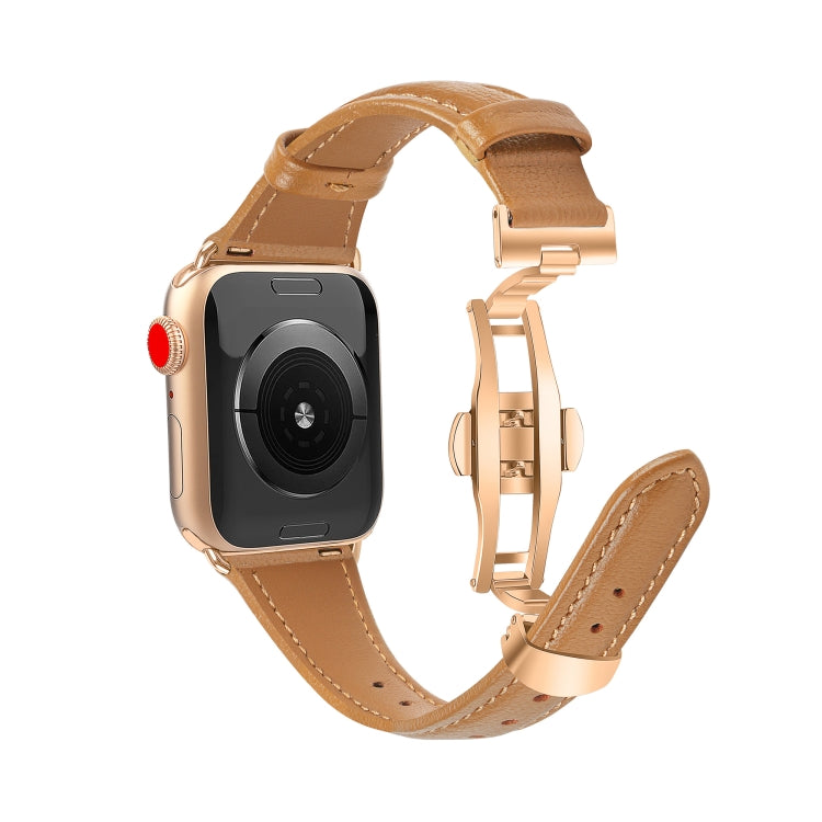 For Apple Watch Series 3 42mm Plain Leather Butterfly Buckle Watch Band(Brown+Rose Gold) - free shipping - PMC TechLife - Order now!