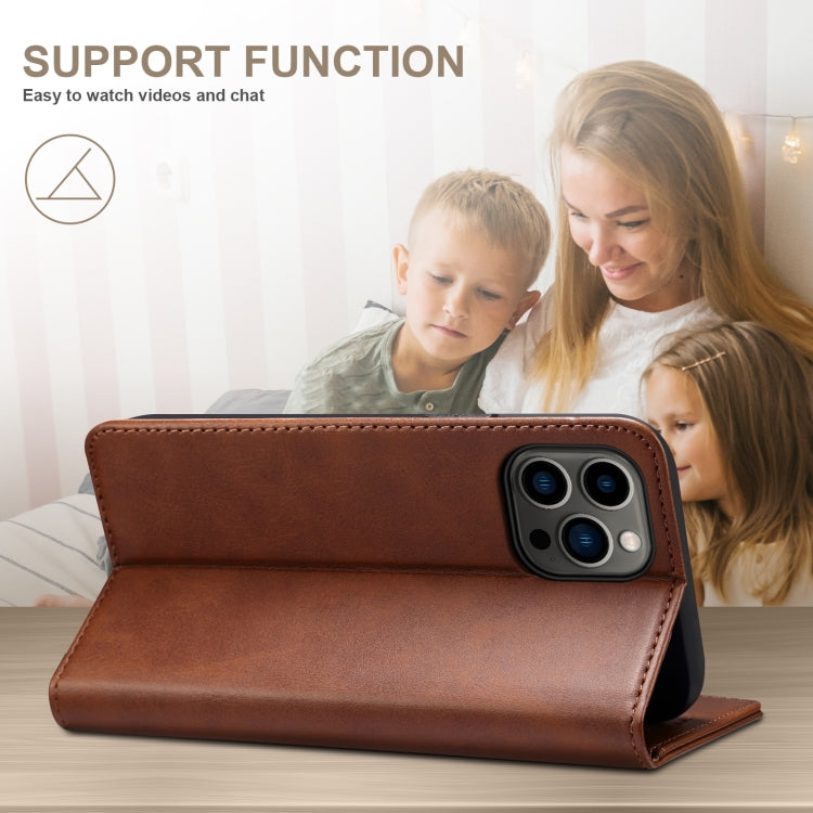 For iPhone 16 Suteni Calf Texture Horizontal Flip Leather Phone Case(Brown) - iPhone 16 Cases by Suteni | Online Shopping South Africa | PMC Jewellery | Buy Now Pay Later Mobicred