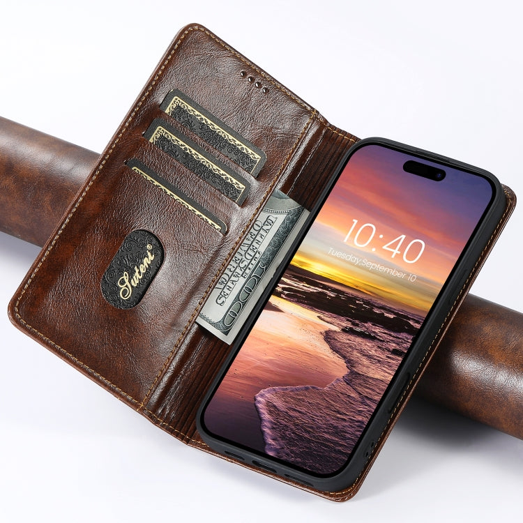 For iPhone 16 Suteni Baroque Calf Texture Buckle Wallet Leather Phone Case(Khaki) - iPhone 16 Cases by Suteni | Online Shopping South Africa | PMC Jewellery | Buy Now Pay Later Mobicred