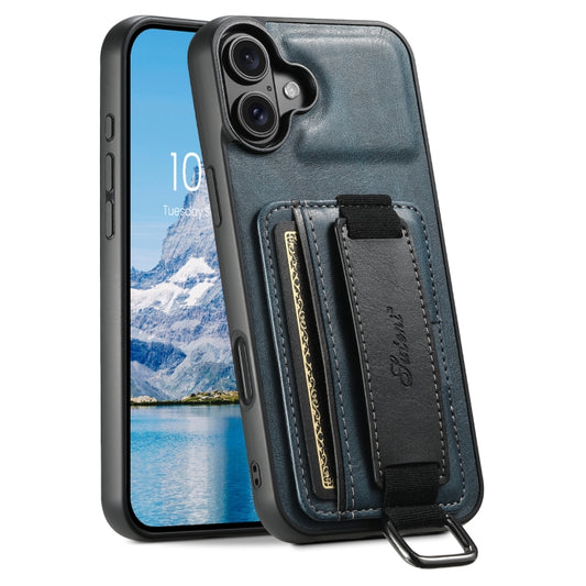 For iPhone 16 Plus Suteni H13 Card Wallet Wrist Strap Holder PU Phone Case(Blue) - iPhone 16 Plus Cases by Suteni | Online Shopping South Africa | PMC Jewellery | Buy Now Pay Later Mobicred