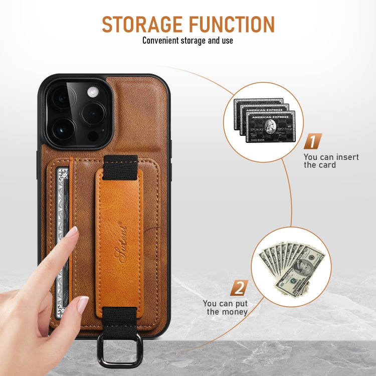 For iPhone 16 Pro Max Suteni H13 Card Wallet Wrist Strap Holder PU Phone Case(Brown) - iPhone 16 Pro Max Cases by Suteni | Online Shopping South Africa | PMC Jewellery | Buy Now Pay Later Mobicred