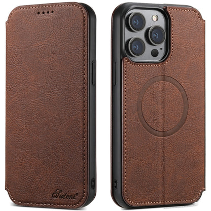 For iPhone 15 Pro Max Suteni J06 Retro Matte Litchi Texture Leather MagSafe Phone Case(Brown) - iPhone 15 Pro Max Cases by Suteni | Online Shopping South Africa | PMC Jewellery | Buy Now Pay Later Mobicred