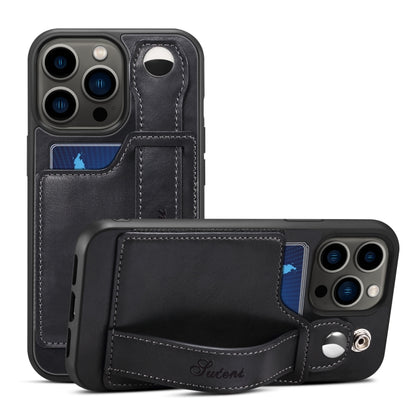 For iPhone 15 Pro Max SUTENI H12 Wrist Strap Leather Back Phone Case with Card Slot(Black) - iPhone 15 Pro Max Cases by Suteni | Online Shopping South Africa | PMC Jewellery | Buy Now Pay Later Mobicred