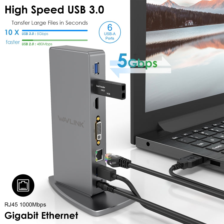 WAVLINK WL-UG39DK7 USB3.0 Hub Adapter Multi-Screen Graphics Card Universal Docking Station, Plug:US Plug - USB HUB by WAVLINK | Online Shopping South Africa | PMC Jewellery | Buy Now Pay Later Mobicred