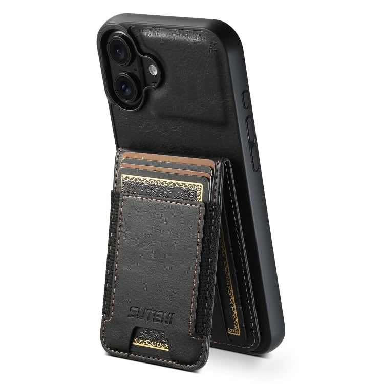 For iPhone 16 Suteni H03 Oil Wax Leather Wallet Stand Back Phone Case(Black) - free shipping - PMC Jewellery - Order now!