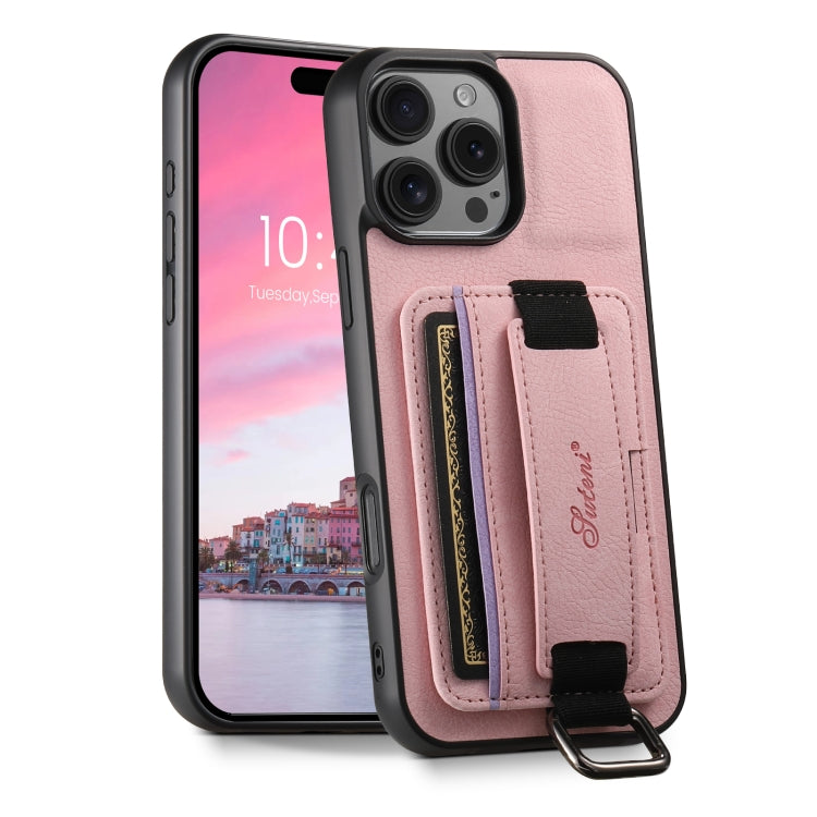 For iPhone 16 Pro Max Suteni H13 Litchi Leather Wrist Strap Wallet Back Phone Case(Pink) - iPhone 16 Pro Max Cases by Suteni | Online Shopping South Africa | PMC Jewellery | Buy Now Pay Later Mobicred