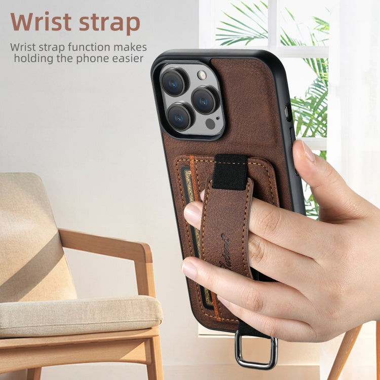 For iPhone 16 Suteni H13 Litchi Leather Wrist Strap Wallet Back Phone Case(Brown) - iPhone 16 Cases by Suteni | Online Shopping South Africa | PMC Jewellery | Buy Now Pay Later Mobicred