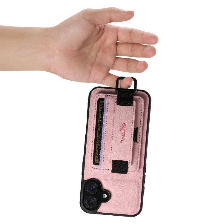 For iPhone 16 Suteni H13 Litchi Leather Wrist Strap Wallet Back Phone Case(Pink) - iPhone 16 Cases by Suteni | Online Shopping South Africa | PMC Jewellery | Buy Now Pay Later Mobicred