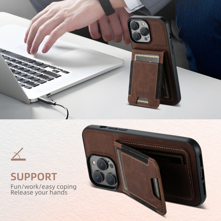For iPhone 16 Suteni H03 Litchi Leather Card Bag Stand Back Phone Case(Brown) - free shipping - PMC Jewellery - Order now!