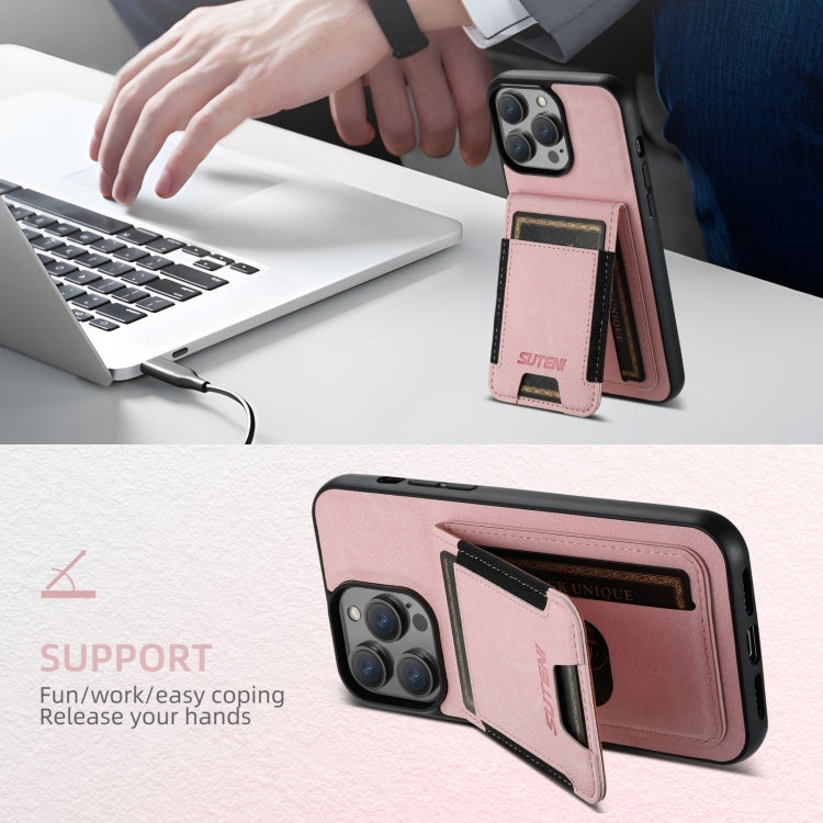 For iPhone 16 Suteni H03 Litchi Leather Card Bag Stand Back Phone Case(Pink) - free shipping - PMC Jewellery - Order now!