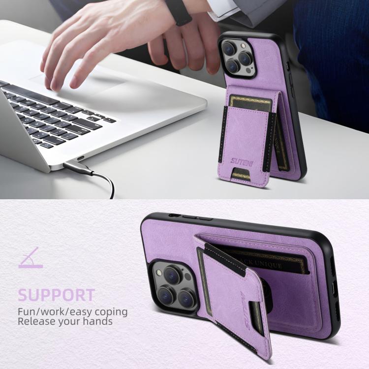 For iPhone 16e Suteni H03 Litchi Leather Card Bag Stand Back Phone Case(Purple) - iPhone 16e Cases by Suteni | Online Shopping South Africa | PMC TechLife | Buy Now Pay Later Mobicred