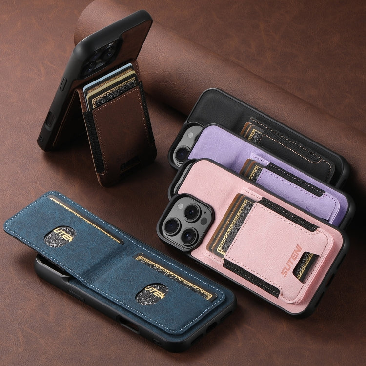 For iPhone 16e Suteni H03 Litchi Leather Card Bag Stand Back Phone Case(Purple) - iPhone 16e Cases by Suteni | Online Shopping South Africa | PMC TechLife | Buy Now Pay Later Mobicred