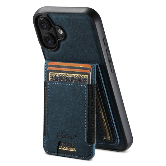 For iPhone 16 Suteni H17 Litchi Texture Leather MagSafe Detachable Wallet Phone Case(Blue) - iPhone 16 Cases by Suteni | Online Shopping South Africa | PMC Jewellery | Buy Now Pay Later Mobicred