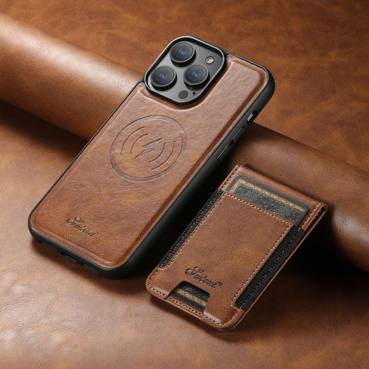 For iPhone 15 Plus Suteni H17 Oil Eax Leather MagSafe Detachable Wallet Phone Case(Brown) - iPhone 15 Plus Cases by Suteni | Online Shopping South Africa | PMC Jewellery | Buy Now Pay Later Mobicred