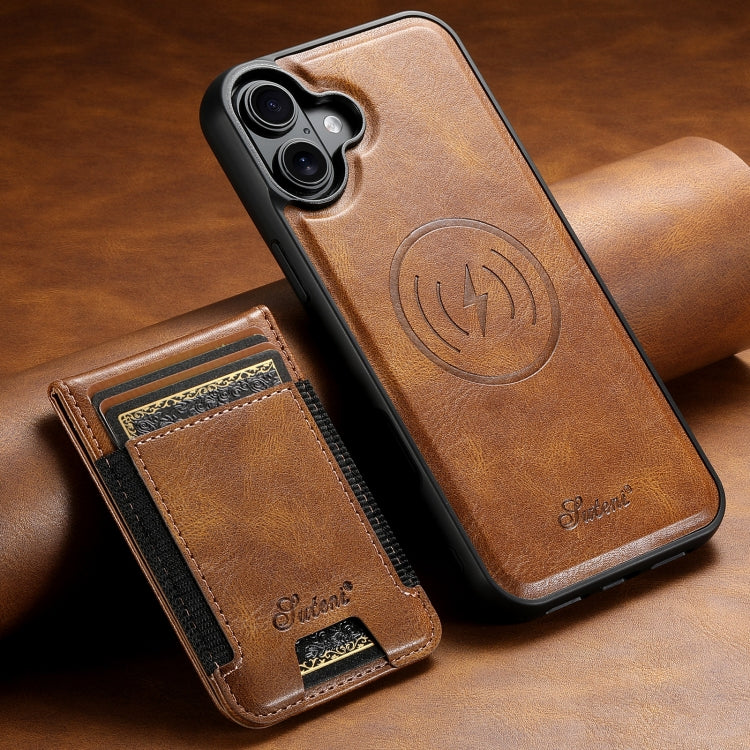 For iPhone 16 Suteni H17 Oil Eax Leather MagSafe Detachable Wallet Phone Case(Brown) - iPhone 16 Cases by Suteni | Online Shopping South Africa | PMC Jewellery | Buy Now Pay Later Mobicred