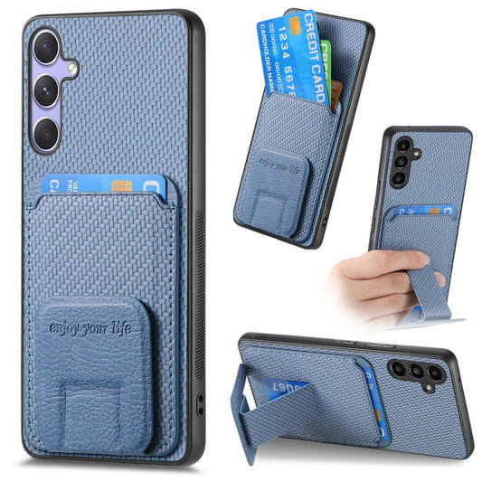 For Samsung Galaxy S25 5G Carbon Fiber Card Bag Fold Stand Phone Case(Blue) -  by PMC Jewellery | Online Shopping South Africa | PMC Jewellery | Buy Now Pay Later Mobicred