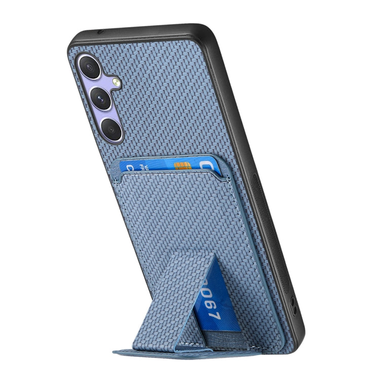 For Samsung Galaxy S25 5G Carbon Fiber Card Bag Fold Stand Phone Case(Blue) -  by PMC Jewellery | Online Shopping South Africa | PMC Jewellery | Buy Now Pay Later Mobicred