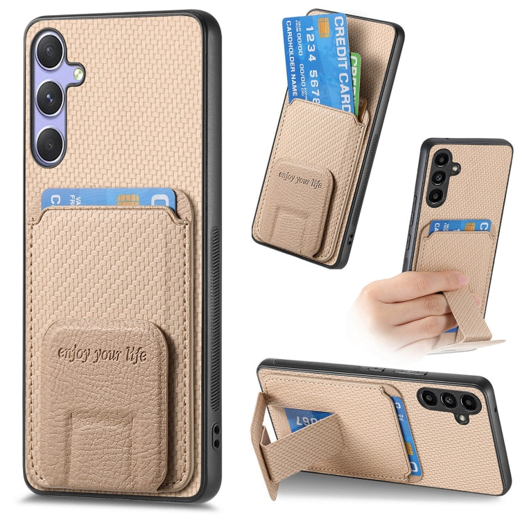 For Samsung Galaxy S25 5G Carbon Fiber Card Bag Fold Stand Phone Case(Khaki) -  by PMC Jewellery | Online Shopping South Africa | PMC Jewellery | Buy Now Pay Later Mobicred