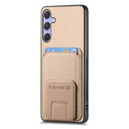 For Samsung Galaxy S25 Ultra 5G Carbon Fiber Card Bag Fold Stand Phone Case(Khaki) - Galaxy S25 Ultra 5G Cases by PMC Jewellery | Online Shopping South Africa | PMC Jewellery | Buy Now Pay Later Mobicred