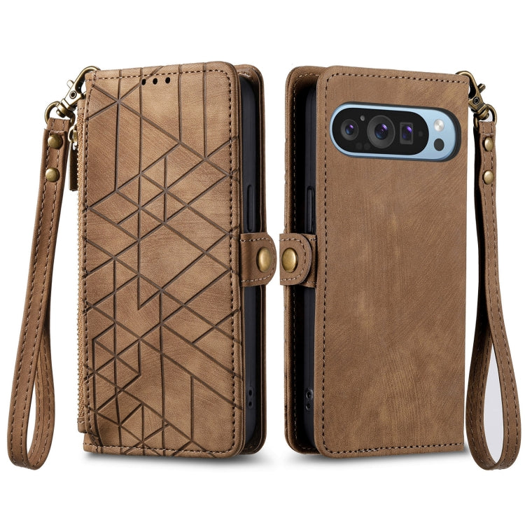 For Google Pixel 9 Geometric Zipper Wallet Side Buckle Leather Phone Case(Brown) - Google Cases by PMC Jewellery | Online Shopping South Africa | PMC Jewellery | Buy Now Pay Later Mobicred