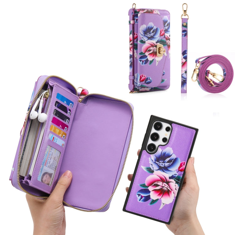 For Samsung Galaxy S24+ 5G Flower Multi-functional Crossbody Zipper Wallet Leather Phone Case(Purple) - Galaxy S24+ 5G Cases by PMC Jewellery | Online Shopping South Africa | PMC Jewellery | Buy Now Pay Later Mobicred