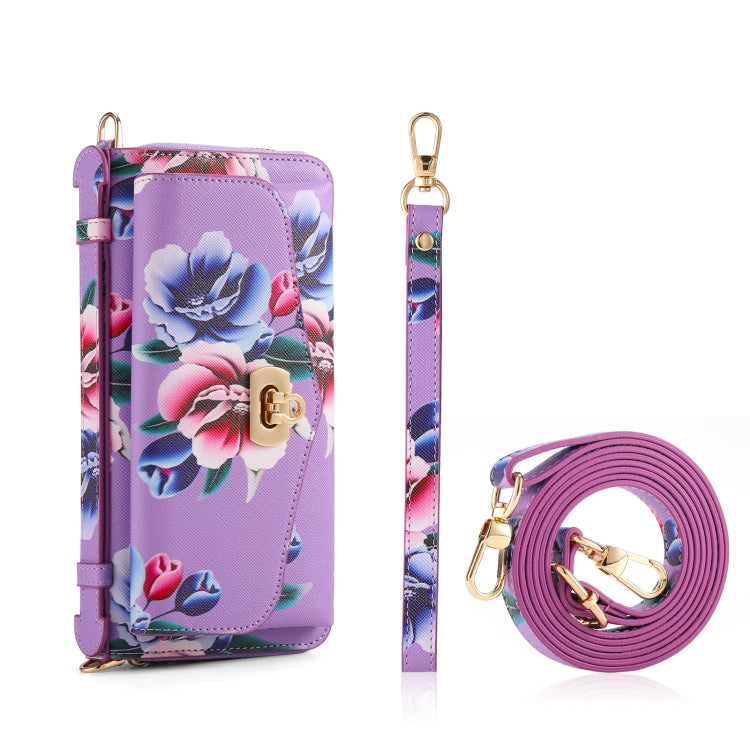 For Samsung Galaxy S24+ 5G Flower Multi-functional Crossbody Zipper Wallet Leather Phone Case(Purple) - Galaxy S24+ 5G Cases by PMC Jewellery | Online Shopping South Africa | PMC Jewellery | Buy Now Pay Later Mobicred