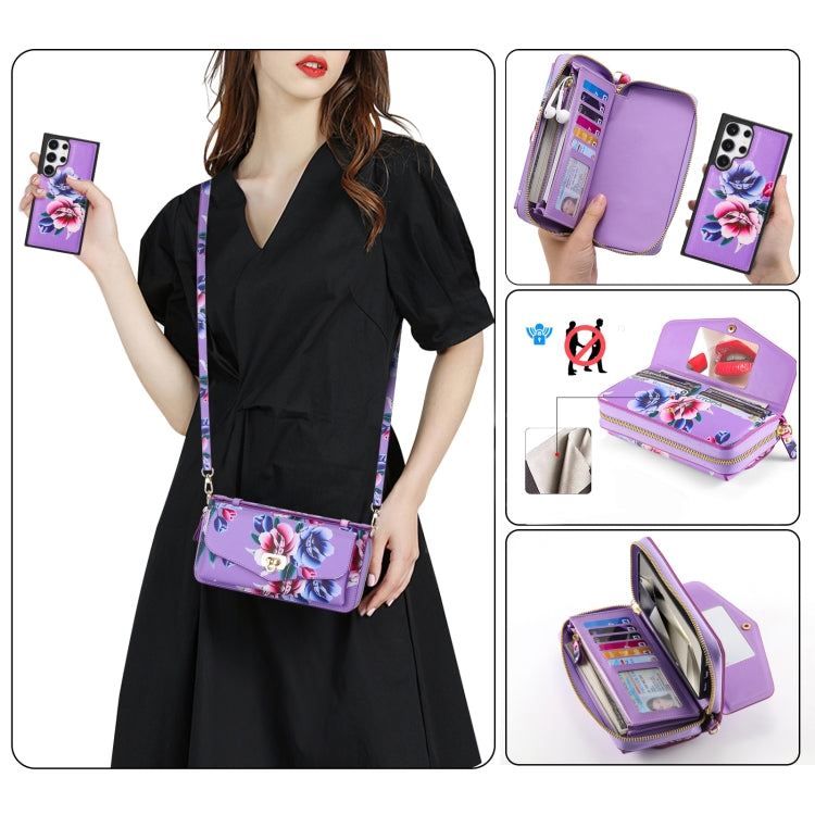 For Samsung Galaxy S24+ 5G Flower Multi-functional Crossbody Zipper Wallet Leather Phone Case(Purple) - Galaxy S24+ 5G Cases by PMC Jewellery | Online Shopping South Africa | PMC Jewellery | Buy Now Pay Later Mobicred