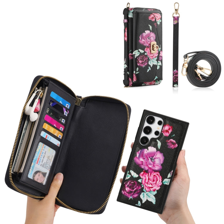 For Samsung Galaxy S24 Ultra 5G Flower Multi-functional Crossbody Zipper Wallet Leather Phone Case(Black) - Galaxy S24 Ultra 5G Cases by PMC Jewellery | Online Shopping South Africa | PMC Jewellery | Buy Now Pay Later Mobicred