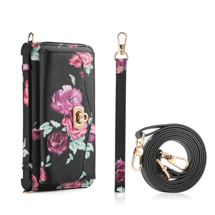 For Samsung Galaxy S24 Ultra 5G Flower Multi-functional Crossbody Zipper Wallet Leather Phone Case(Black) - Galaxy S24 Ultra 5G Cases by PMC Jewellery | Online Shopping South Africa | PMC Jewellery | Buy Now Pay Later Mobicred