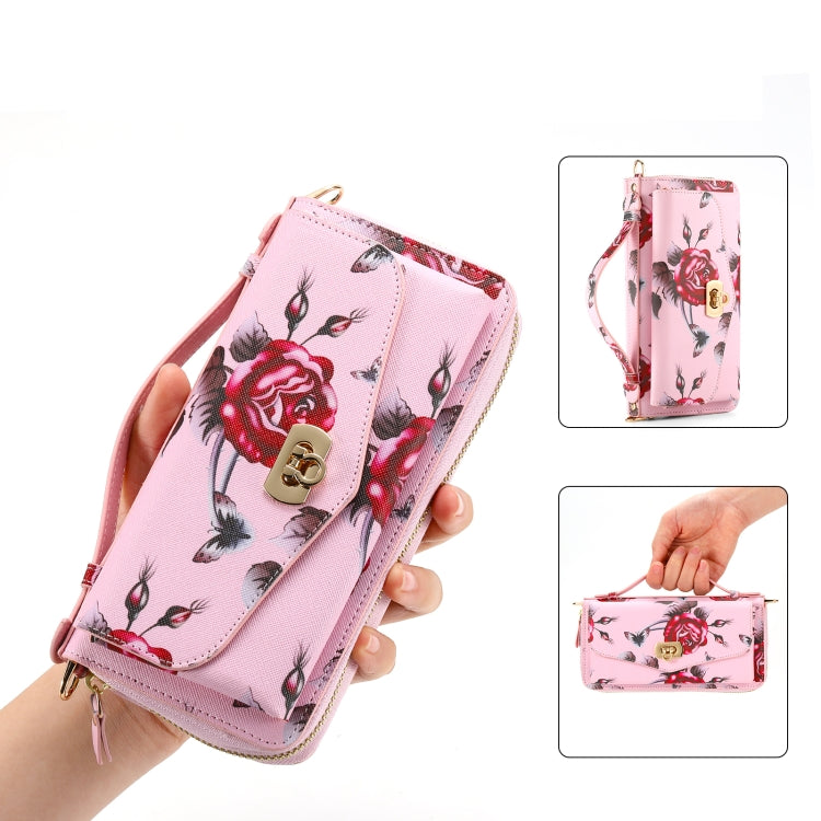 For Samsung Galaxy S24 Ultra 5G Flower Multi-functional Crossbody Zipper Wallet Leather Phone Case(Pink) - Galaxy S24 Ultra 5G Cases by PMC Jewellery | Online Shopping South Africa | PMC Jewellery | Buy Now Pay Later Mobicred
