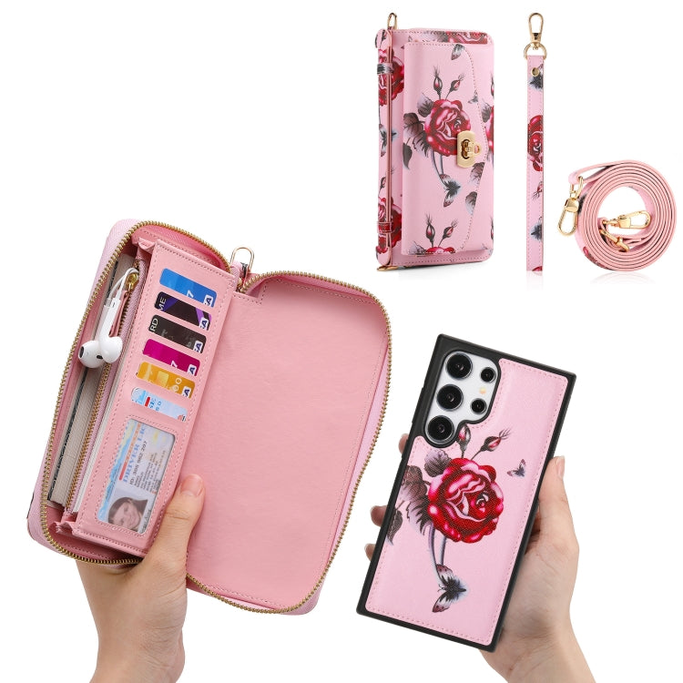 For Samsung Galaxy S24 Ultra 5G Flower Multi-functional Crossbody Zipper Wallet Leather Phone Case(Pink) - Galaxy S24 Ultra 5G Cases by PMC Jewellery | Online Shopping South Africa | PMC Jewellery | Buy Now Pay Later Mobicred