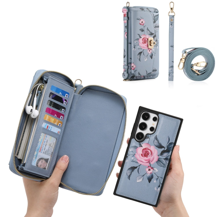 For Samsung Galaxy S24 Ultra 5G Flower Multi-functional Crossbody Zipper Wallet Leather Phone Case(Blue) - Galaxy S24 Ultra 5G Cases by PMC Jewellery | Online Shopping South Africa | PMC Jewellery | Buy Now Pay Later Mobicred