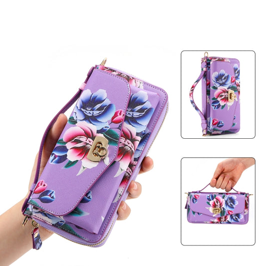 For Samsung Galaxy S24 Ultra 5G Flower Multi-functional Crossbody Zipper Wallet Leather Phone Case(Purple) - Galaxy S24 Ultra 5G Cases by PMC Jewellery | Online Shopping South Africa | PMC Jewellery | Buy Now Pay Later Mobicred