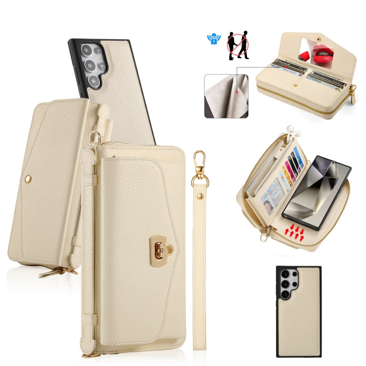 For Samsung Galaxy S24 5G Crossbody Multi-functional Zipper Wallet Litchi Leather Phone Case(Beige) - Galaxy S24 5G Cases by PMC Jewellery | Online Shopping South Africa | PMC Jewellery | Buy Now Pay Later Mobicred