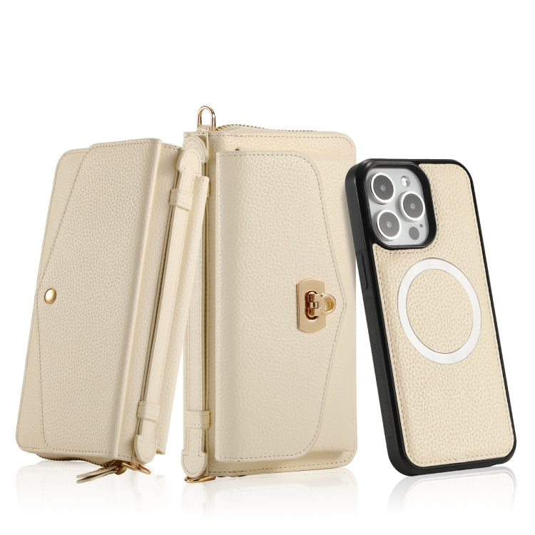 For iPhone 15 Pro Max MagSafe Crossbody Multi-functional Zipper Wallet Litchi Leather Phone Case(White) - iPhone 15 Pro Max Cases by PMC Jewellery | Online Shopping South Africa | PMC Jewellery