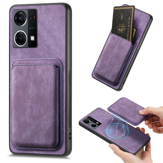 For OPPO Reno7 4G Retro Leather Card Bag Magnetic Phone Case(Purple) - OPPO Cases by PMC Jewellery | Online Shopping South Africa | PMC Jewellery | Buy Now Pay Later Mobicred