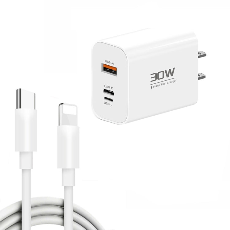 PD30W USB-C / Type-C + 8 Pin + USB Charger with Type-C to 8 Pin Date Cable(US Plug) - USB Charger by PMC Jewellery | Online Shopping South Africa | PMC Jewellery | Buy Now Pay Later Mobicred