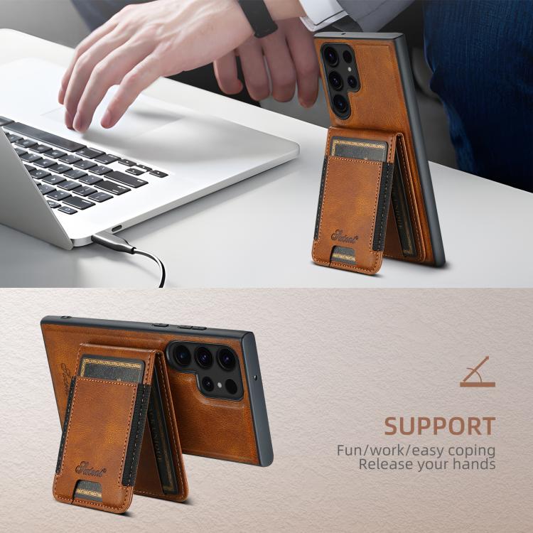 For Samsung Galaxy S25 5G Suteni H17 Oil Eax Leather MagSafe Detachable Wallet Phone Case(Brown) - Galaxy S25 5G Cases by Suteni | Online Shopping South Africa | PMC TechLife | Buy Now Pay Later Mobicred